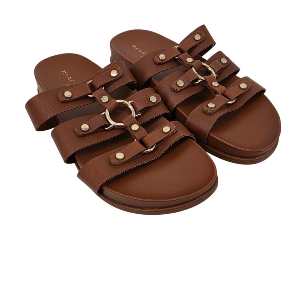 NWOT Marc Fisher LTD Brown Verity Leather Harness Strap Slide On Sandals Size 8